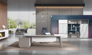 ローランシリーズ管理職専用執務机 豊林e0級パーティクルボード ドイツシャッター化粧紙 宝鋼スチールフレーム 冠輝五金 ラミエロ接続付属キャビネット