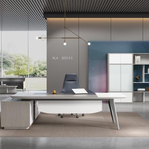 ローランシリーズ管理職専用執務机 豊林e0級パーティクルボード ドイツシャッター化粧紙 宝鋼スチールフレーム 冠輝五金 ラミエロ接続付属キャビネット