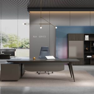 ローランシリーズ管理職専用執務机 豊林e0級パーティクルボード ドイツシャッター化粧紙 宝鋼スチールフレーム 冠輝五金 ラミエロ接続付属キャビネット