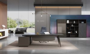 ローランシリーズ管理職専用執務机 豊林e0級パーティクルボード ドイツシャッター化粧紙 宝鋼スチールフレーム 冠輝五金 ラミエロ接続付属キャビネット