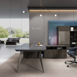 ローランシリーズ管理職専用執務机 豊林e0級パーティクルボード ドイツシャッター化粧紙 宝鋼スチールフレーム 冠輝五金 ラミエロ接続付属キャビネット