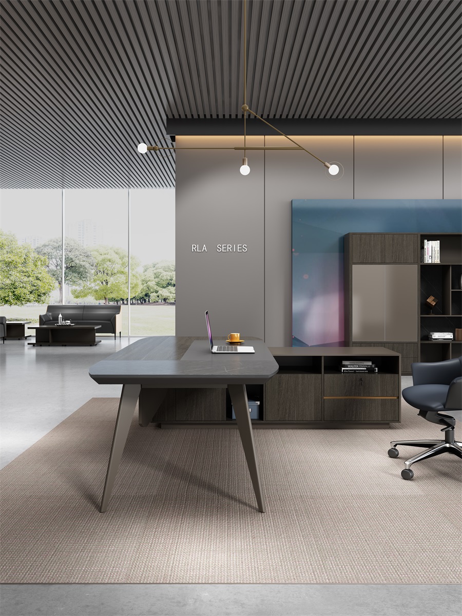 ローランシリーズ管理職専用執務机 豊林e0級パーティクルボード ドイツシャッター化粧紙 宝鋼スチールフレーム 冠輝五金 ラミエロ接続付属キャビネット