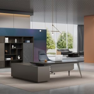ローランシリーズ管理職専用執務机 豊林e0級パーティクルボード ドイツシャッター化粧紙 宝鋼スチールフレーム 冠輝五金 ラミエロ接続付属キャビネット