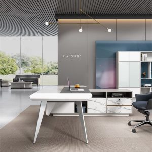 ローランシリーズ管理職専用執務机 豊林e0級パーティクルボード ドイツシャッター化粧紙 宝鋼スチールフレーム 冠輝五金 ラミエロ接続付属キャビネット
