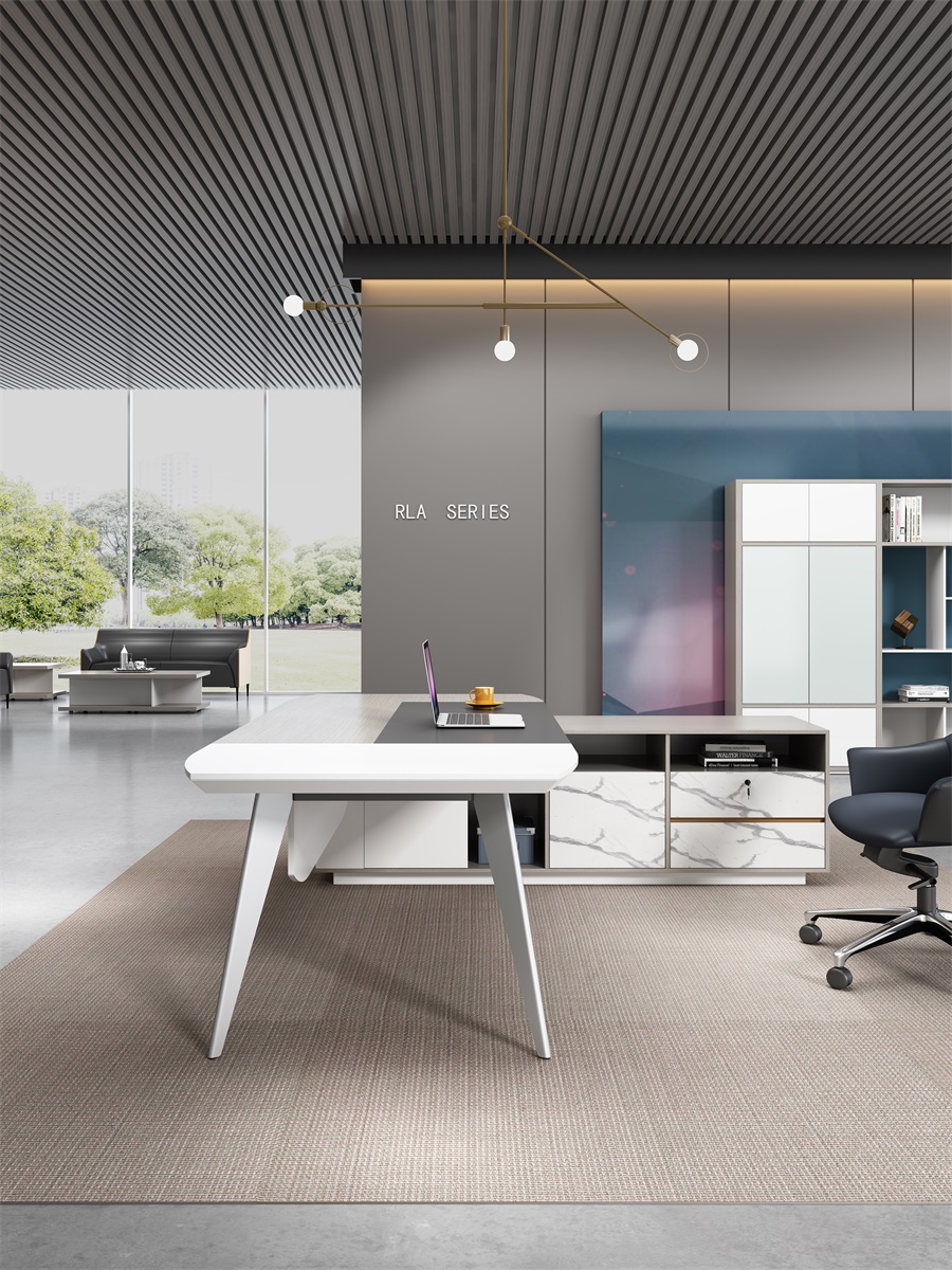 ローランシリーズ管理職専用執務机 豊林e0級パーティクルボード ドイツシャッター化粧紙 宝鋼スチールフレーム 冠輝五金 ラミエロ接続付属キャビネット