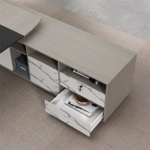 ローランシリーズ管理職専用執務机 豊林e0級パーティクルボード ドイツシャッター化粧紙 宝鋼スチールフレーム 冠輝五金 ラミエロ接続付属キャビネット