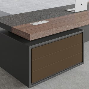 ミンチェシリーズ 高級エグゼクティブデスク 天然ウォールナット木皮 黒ヘアライン反転配線ボックス 多機能コンセント