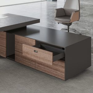 ミンチェシリーズ 高級エグゼクティブデスク 天然ウォールナット木皮 黒ヘアライン反転配線ボックス 多機能コンセント