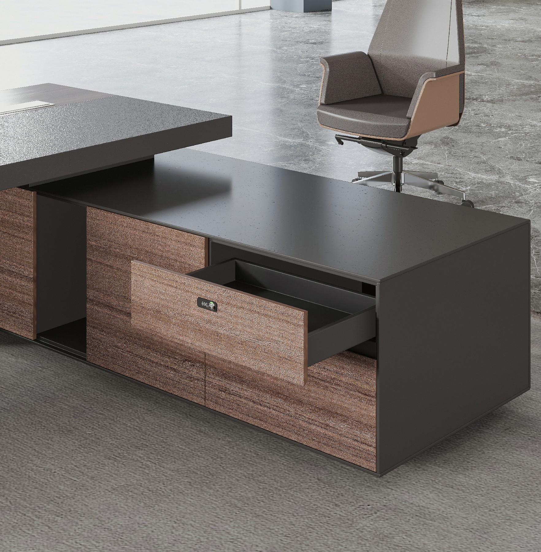 ミンチェシリーズ 高級エグゼクティブデスク 天然ウォールナット木皮 黒ヘアライン反転配線ボックス 多機能コンセント ミンチェシリーズ 高級エグゼクティブデスク 天然ウォールナット木皮 黒ヘアライン反転配線ボックス 多機能コンセント