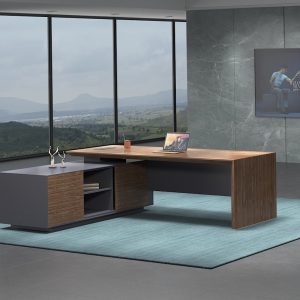 ミンシーシリーズ 高級エグゼクティブ行政デスク 輸入天然小山紋ウォールナット木皮 黒ヘアライン配線ボックス