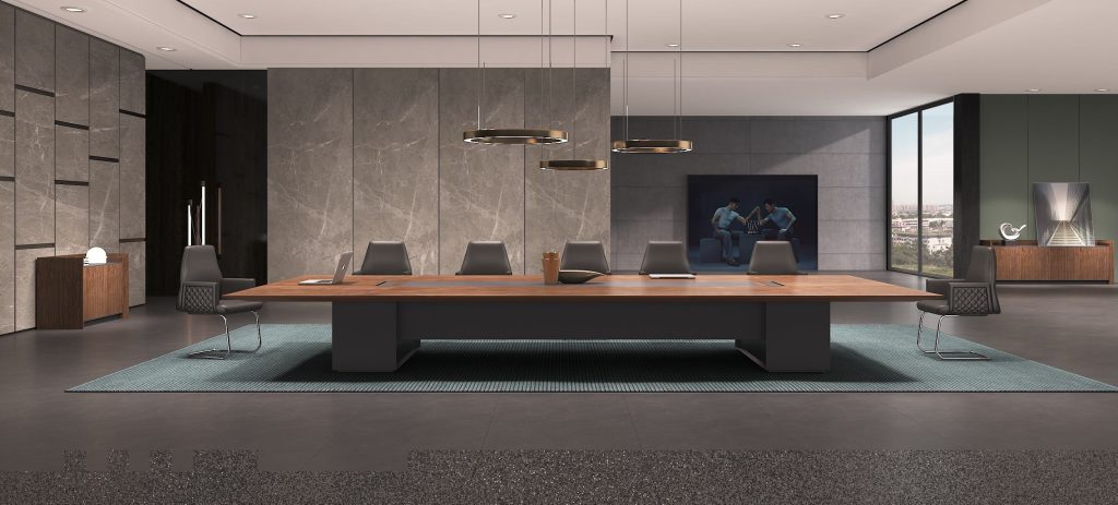 明仕シリーズ会議机 輸入天然小山紋クルミ木皮 45度ラメロ接続 大斜辺工芸