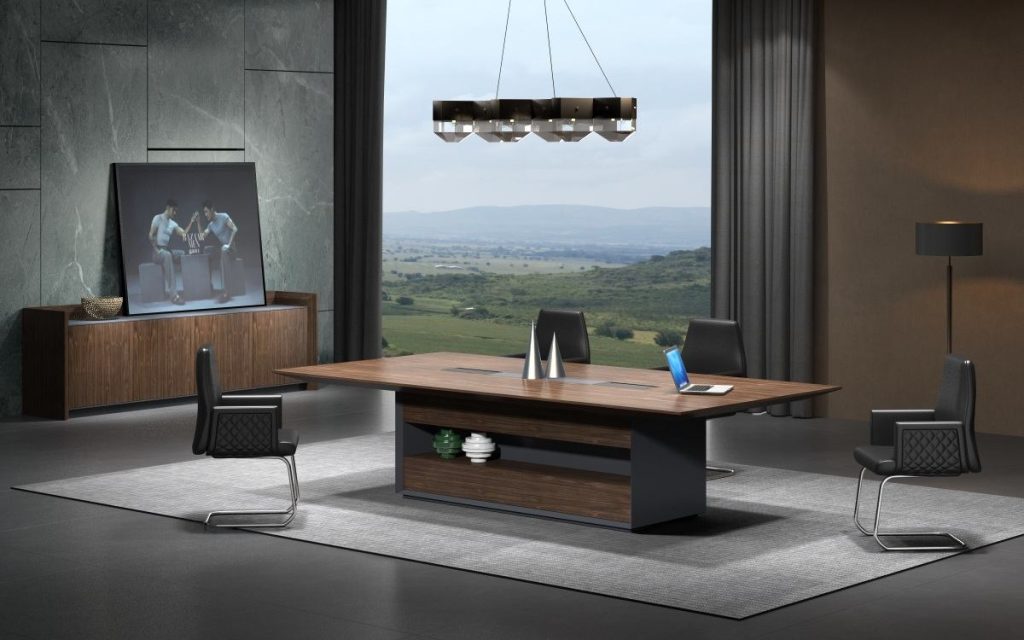 明仕シリーズ会議机 輸入天然小山紋クルミ木皮 45度ラメロ接続 大斜辺工芸