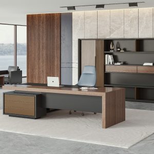 ミンチェシリーズ 高級エグゼクティブデスク 天然ウォールナット木皮 黒ヘアライン反転配線ボックス 多機能コンセント