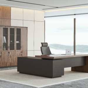 ミンチェシリーズ 高級エグゼクティブデスク 天然ウォールナット木皮 黒ヘアライン反転配線ボックス 多機能コンセント