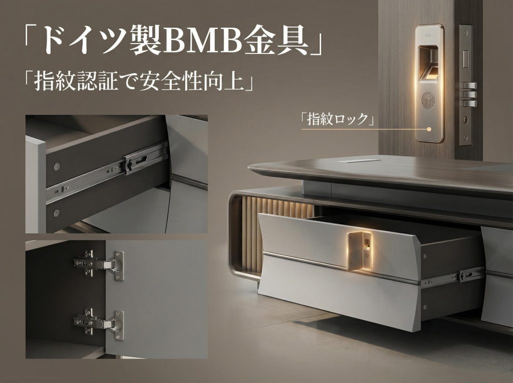 ハオランシリーズ 高級エグゼクティブデスク 北米黒ウォールナット木皮 指紋ロック 電動昇降配線ボックス