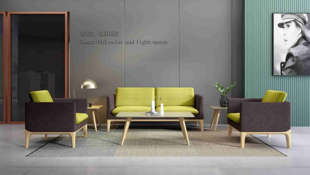 wd2047シリーズオフィスレセプションソファ 中国高級ブランド「ハイフェイラー」a級フリース生地 デュポンスポンジ 原木色木脚