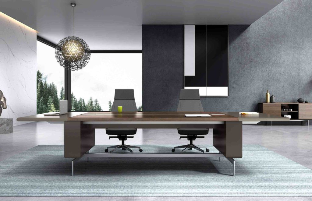 極克シリーズ会議机 輸入天然直紋クルミ木皮 上思華林e1グレード 銀色アルミ配線溝付き