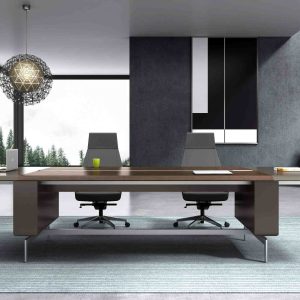 極克シリーズ会議机 輸入天然直紋クルミ木皮 上思華林e1グレード 銀色アルミ配線溝付き