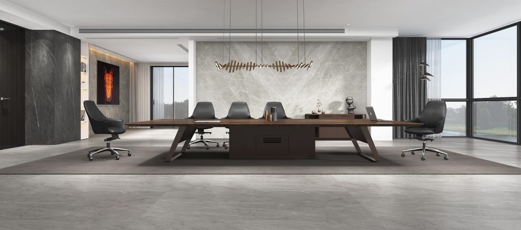 極致シリーズ会議机 輸入天然小山紋クルミ木皮 上思華林e0グレード 黑拉丝配線ボックス付き