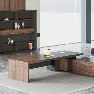 ミンチェシリーズ 高級エグゼクティブデスク 天然ウォールナット木皮 黒ヘアライン反転配線ボックス 多機能コンセント