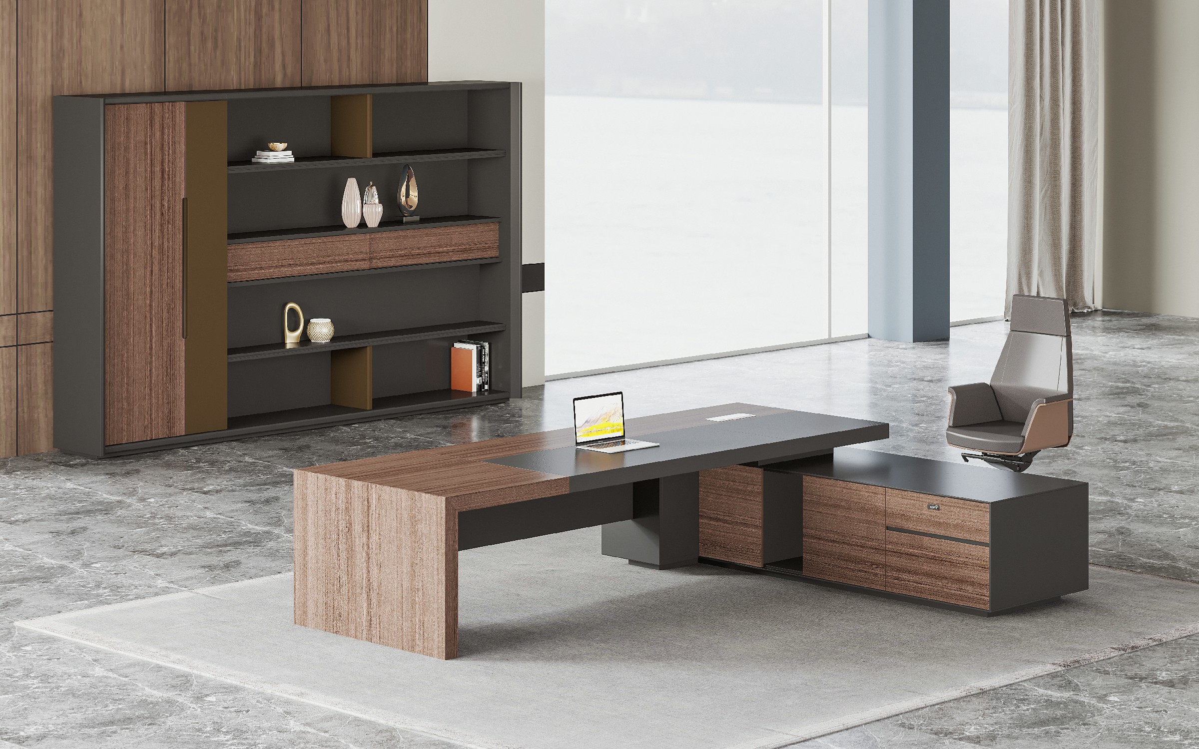 ミンチェシリーズ 高級エグゼクティブデスク 天然ウォールナット木皮 黒ヘアライン反転配線ボックス 多機能コンセント ミンチェシリーズ 高級エグゼクティブデスク 天然ウォールナット木皮 黒ヘアライン反転配線ボックス 多機能コンセント