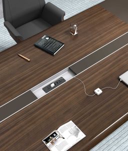 極克シリーズ会議机 輸入天然直紋クルミ木皮 上思華林e1グレード 銀色アルミ配線溝付き