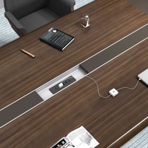 極克シリーズ会議机 輸入天然直紋クルミ木皮 上思華林e1グレード 銀色アルミ配線溝付き