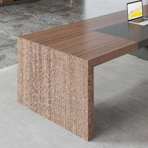 ミンチェシリーズ 高級エグゼクティブデスク 天然ウォールナット木皮 黒ヘアライン反転配線ボックス 多機能コンセント