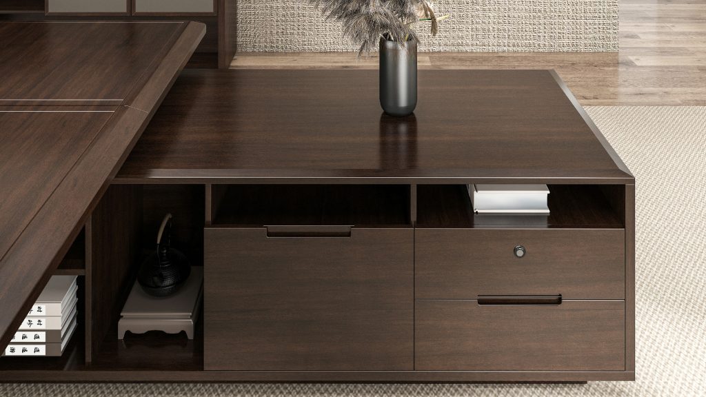ハイエンド社長執務机 半月山シリーズ 烏金木突板+茶赤色 環境にやさしく耐久性あり ドイツbmbハードウェア