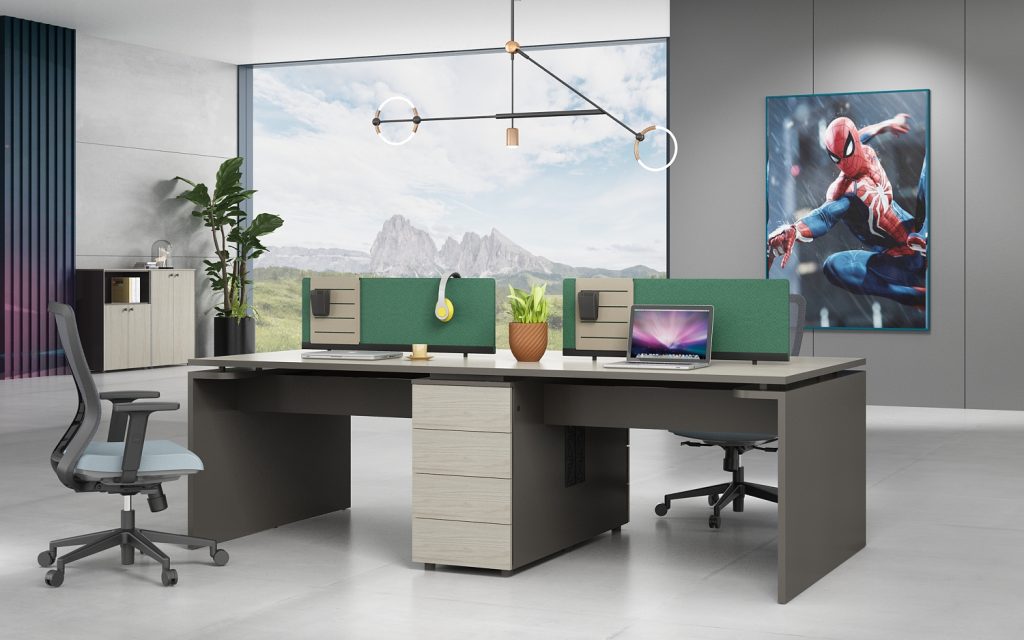  四人用オフィスデスク オークシリーズf款 86コンセント対応 配線通路 多機能収納