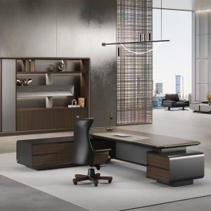 ハオランシリーズ 高級エグゼクティブデスク 北米黒ウォールナット木皮 指紋ロック 電動昇降配線ボックス