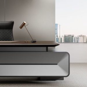 ハオランシリーズ 高級エグゼクティブデスク 北米黒ウォールナット木皮 指紋ロック 電動昇降配線ボックス