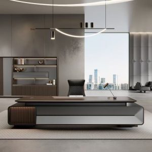 ハオランシリーズ 高級エグゼクティブデスク 北米黒ウォールナット木皮 指紋ロック 電動昇降配線ボックス