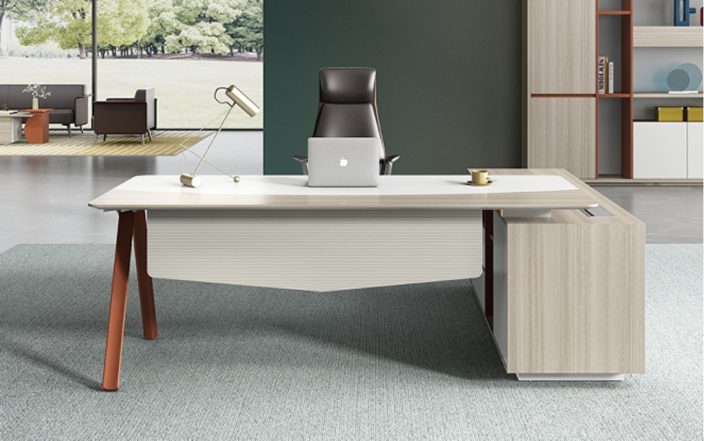 ユーガールシリーズ執務机 豊林e0級パーティクルボード ドイツシャッター化粧紙 宝鋼スチールフレーム 冠輝五金 ラミエロ接続付属キャビネット