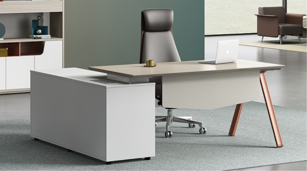 ユーガールシリーズ執務机 豊林e0級パーティクルボード ドイツシャッター化粧紙 宝鋼スチールフレーム 冠輝五金 ラミエロ接続付属キャビネット