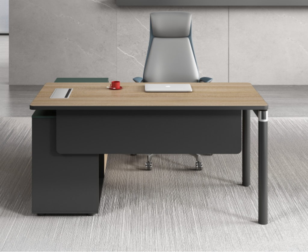 ゲディアオシリーズ執務机 豊林e0級パーティクルボード ドイツシャッター化粧紙 宝鋼スチールフレーム 冠輝五金 付属キャビネットコンセント孔付き