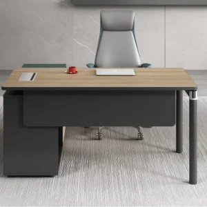 ゲディアオシリーズ執務机 豊林e0級パーティクルボード ドイツシャッター化粧紙 宝鋼スチールフレーム 冠輝五金 付属キャビネットコンセント孔付き