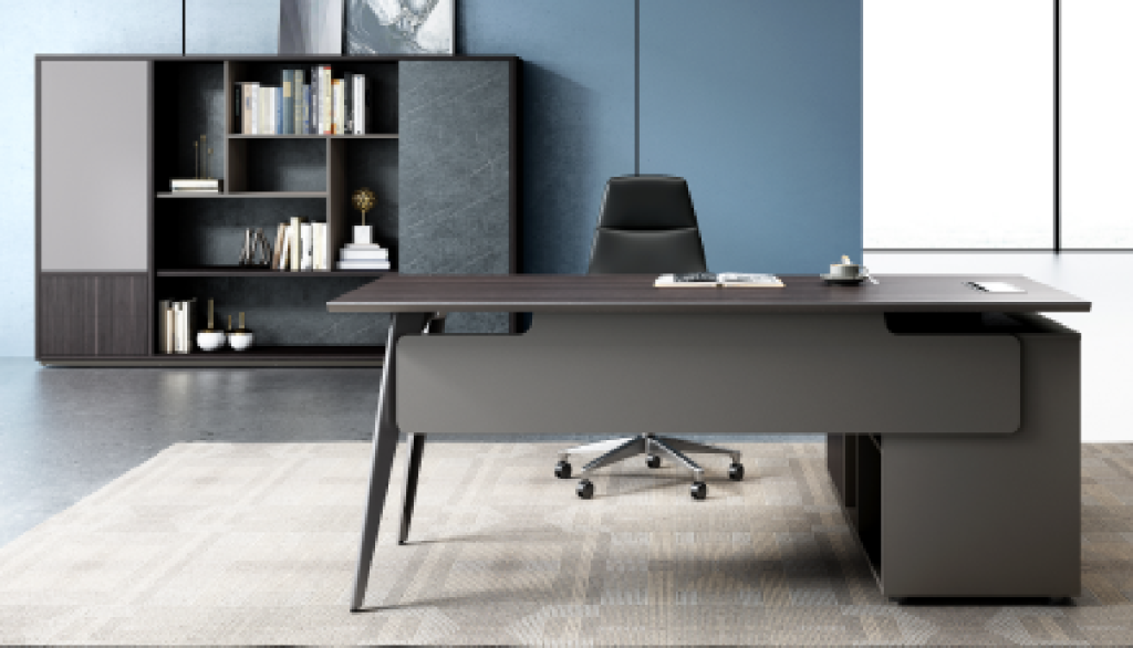 ローランシリーズ執務机 豊林e0級パーティクルボード ドイツシャッター化粧紙 宝鋼スチールフレーム 冠輝五金 ラミエロ接続付属キャビネット