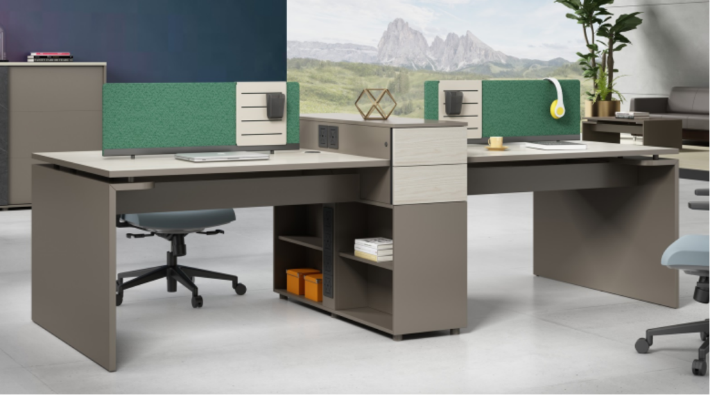  四人用オフィスデスク オークシリーズh款 86コンセント対応 配線通路 多機能収納