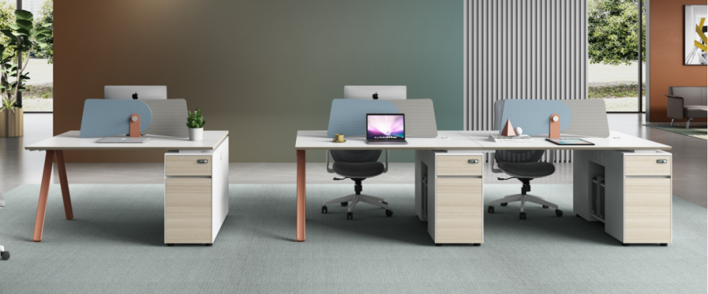 ユーゲルシリーズaタイプ スタッフデスク 豊林e0グレード ロック付き引出し アルミニウム薄縁