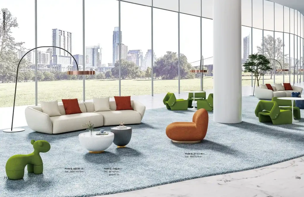 s6019シリーズオフィスレジャーエリアソファ 高品質テディフリース布張り 高密度環境保護発泡スポンジ プラスチック固定脚垫