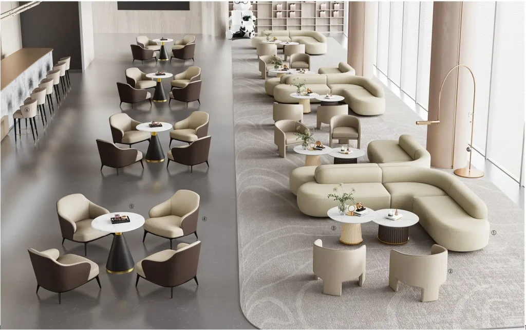 s6038シリーズオフィスレジャーエリアソファ 高品質シェニール布張り 高密度環境保護発泡スポンジ プラスチック固定脚垫