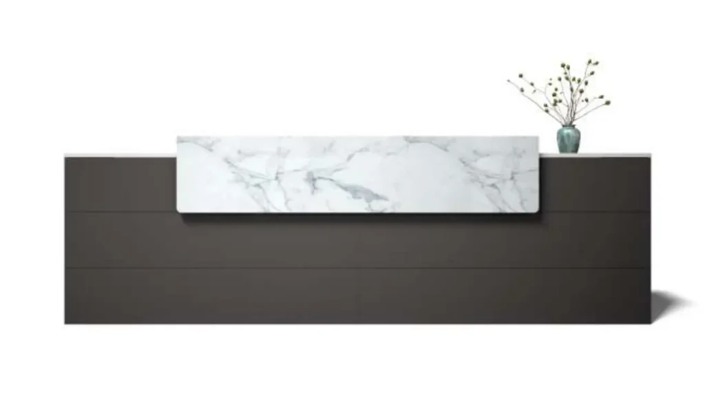 アンジーシリーズ フロントレセプションデスク 豊林e0級高密度パーティクルボード ドイツ夏特化粧紙 冠輝金具