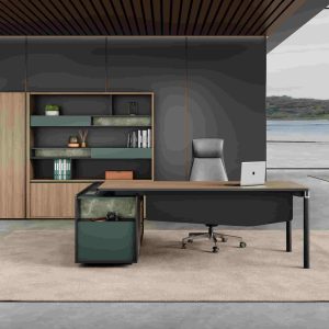ゲディアオシリーズ執務机 豊林e0級パーティクルボード ドイツシャッター化粧紙 宝鋼スチールフレーム 冠輝五金 付属キャビネットコンセント孔付き