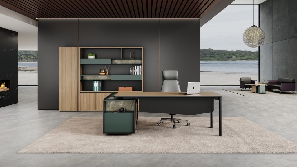 ゲディアオシリーズ執務机 豊林e0級パーティクルボード ドイツシャッター化粧紙 宝鋼スチールフレーム 冠輝五金 付属キャビネットコンセント孔付き