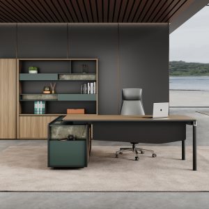 ゲディアオシリーズ執務机 豊林e0級パーティクルボード ドイツシャッター化粧紙 宝鋼スチールフレーム 冠輝五金 付属キャビネットコンセント孔付き