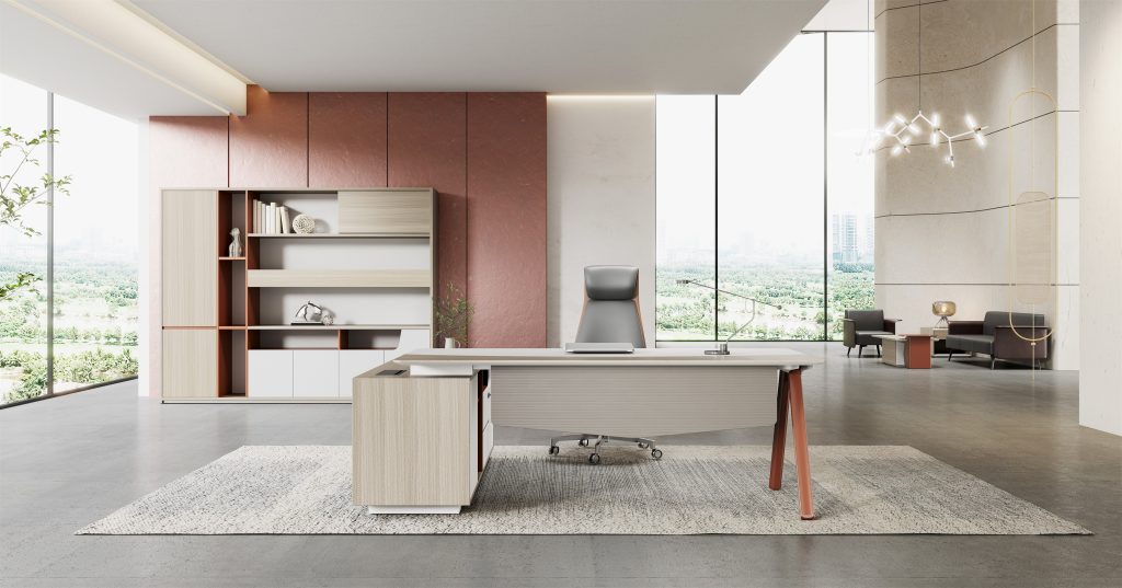 ユーガールシリーズ執務机 豊林e0級パーティクルボード ドイツシャッター化粧紙 宝鋼スチールフレーム 冠輝五金 ラミエロ接続付属キャビネット