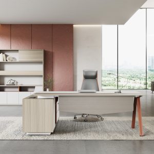 ユーガールシリーズ執務机 豊林e0級パーティクルボード ドイツシャッター化粧紙 宝鋼スチールフレーム 冠輝五金 ラミエロ接続付属キャビネット