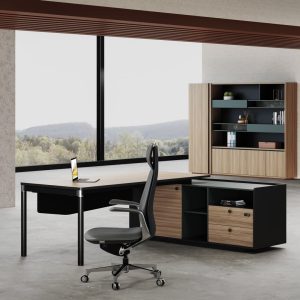 ゲディアオシリーズ執務机 豊林e0級パーティクルボード ドイツシャッター化粧紙 宝鋼スチールフレーム 冠輝五金 付属キャビネットコンセント孔付き