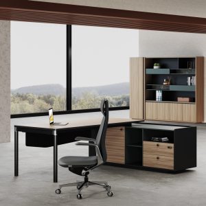 ゲディアオシリーズ執務机 豊林e0級パーティクルボード ドイツシャッター化粧紙 宝鋼スチールフレーム 冠輝五金 付属キャビネットコンセント孔付き